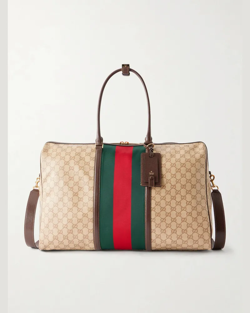 Gucci Webbing and Leather-Trimmed Monogrammed Canvas Tote Bag Neutrals
