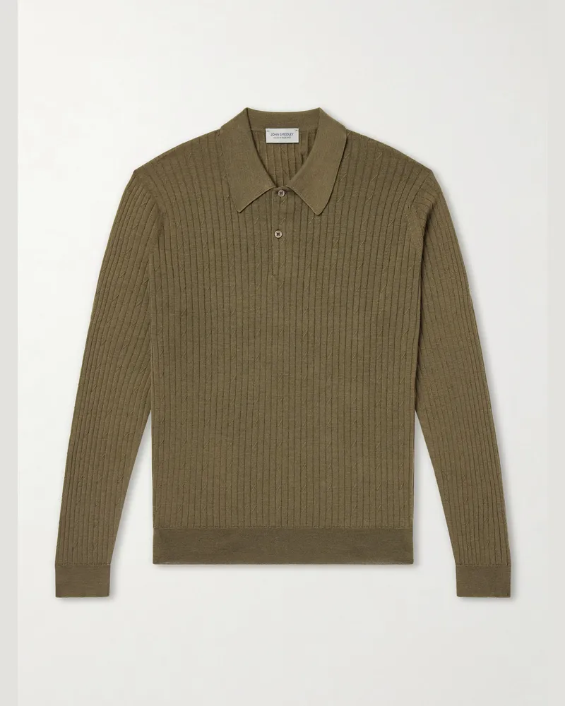 John Smedley Hodson Ribbed Merino Wool Polo Shirt Green