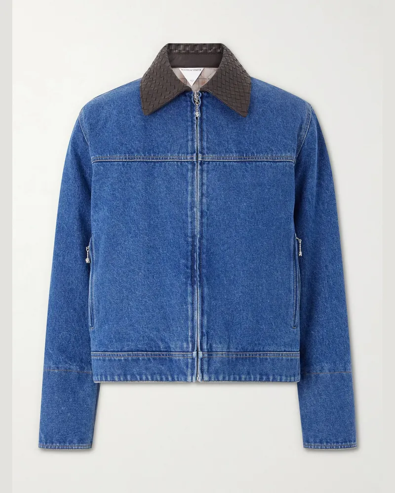 Bottega Veneta Intrecciato Leather-Trimmed Denim Jacket Blue