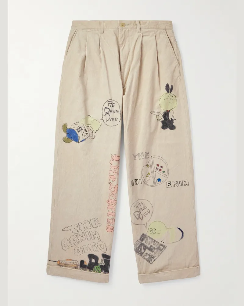 KAPITAL Ivy Wide-Leg Pleated Printed Cotton-Corduroy Trousers Neutrals