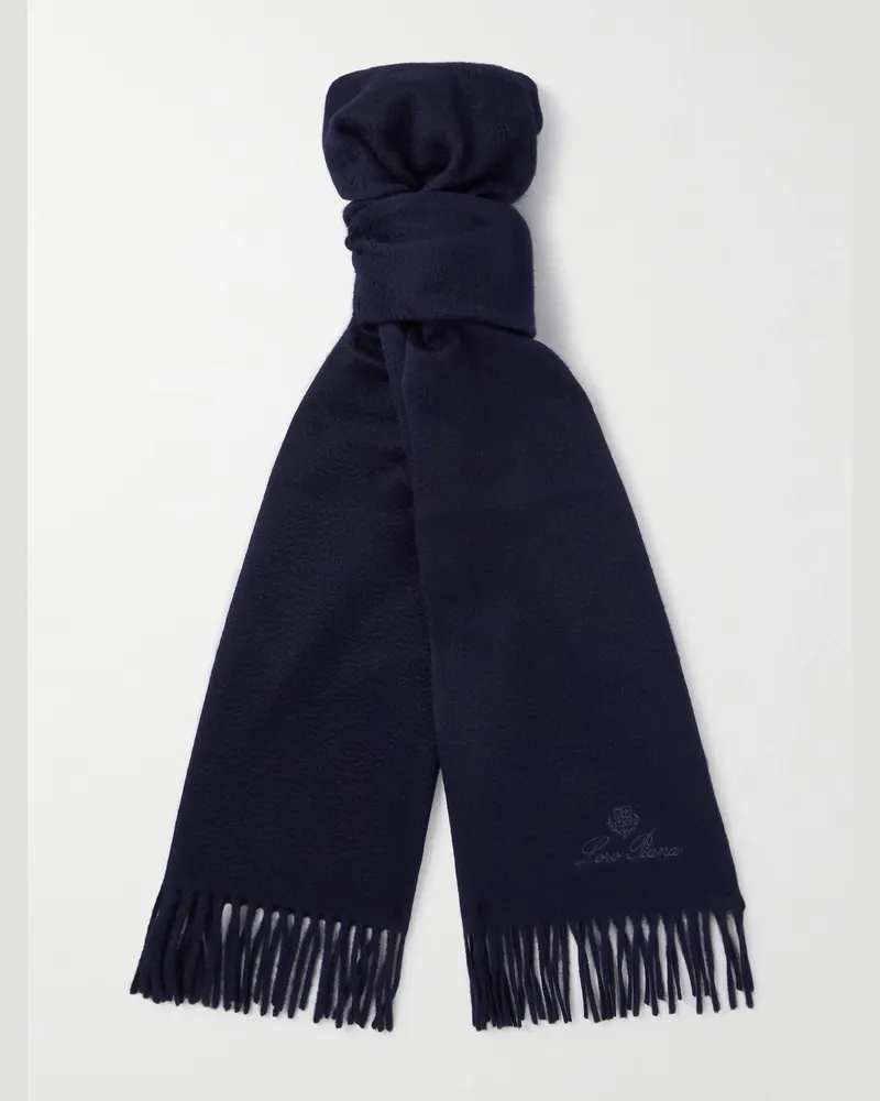 Loro Piana Schal aus Kaschmir mit Fransen und Logostickerei Blau