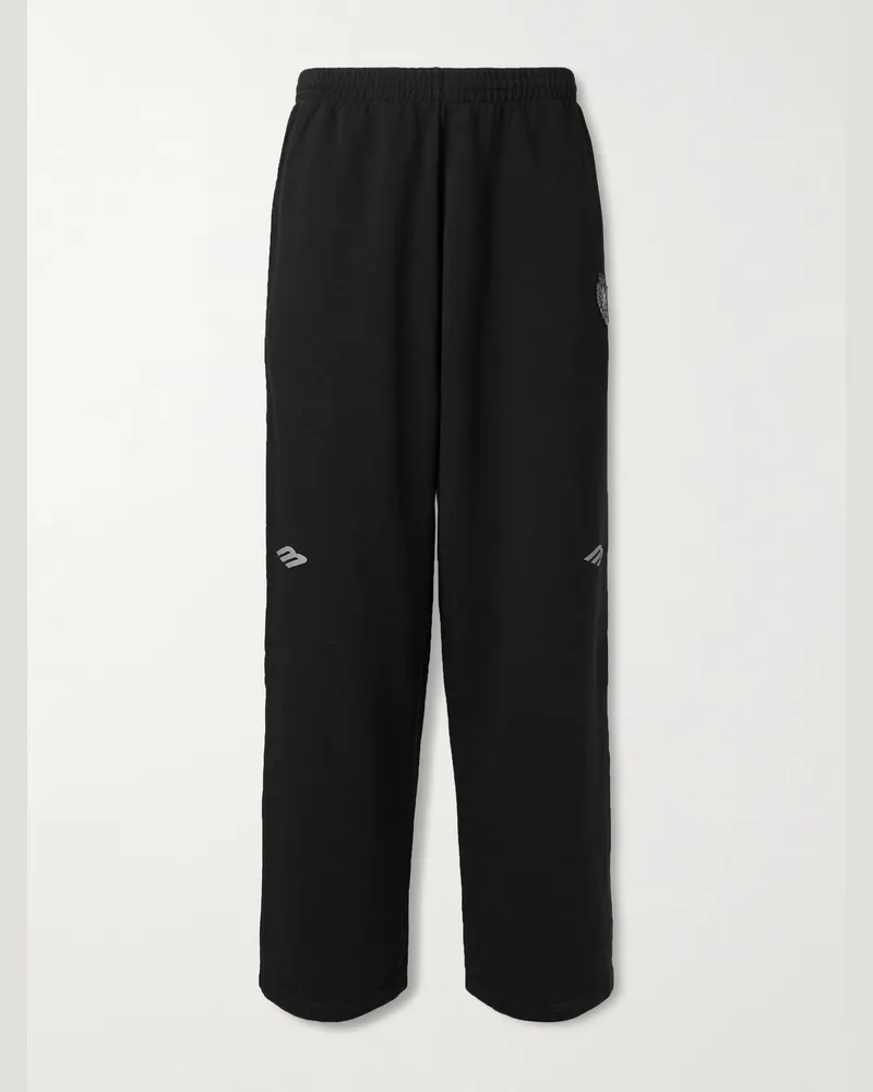 Balenciaga Wide-Leg Logo-Print Appliquéd Cotton-Jersey Sweatpants Black