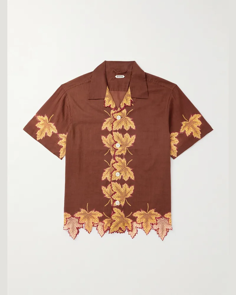 BODE Harvest Floor Camp-Collar Embroidered Printed Cotton-Poplin Shirt Brown