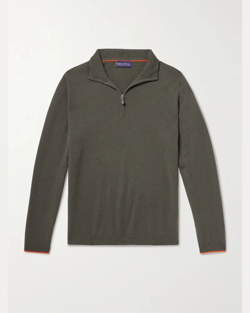 N.Peal Stanley Tucci Leather-Trimmed Cashmere Half-Zip Sweater Green