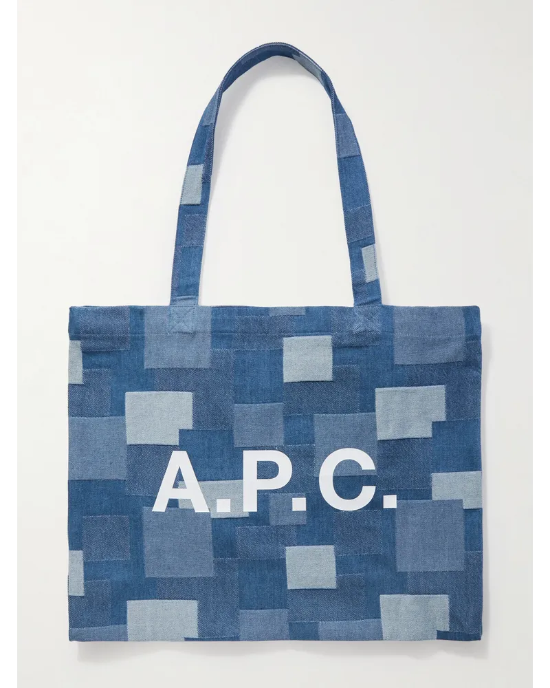A.P.C. Diane Tote aus Stonewashed-Denim in Patchwork-Optik mit Logoprint Blau