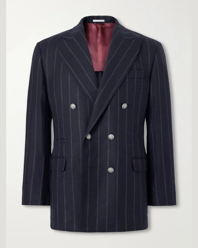 Brunello Cucinelli Double-Breasted Pinstripe Cashmere and Wool-Blend Flannel Suit Jacket Black