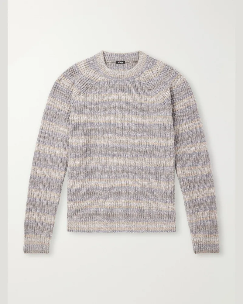 Kiton Striped Wool and Cashmere-Blend Sweater Gray