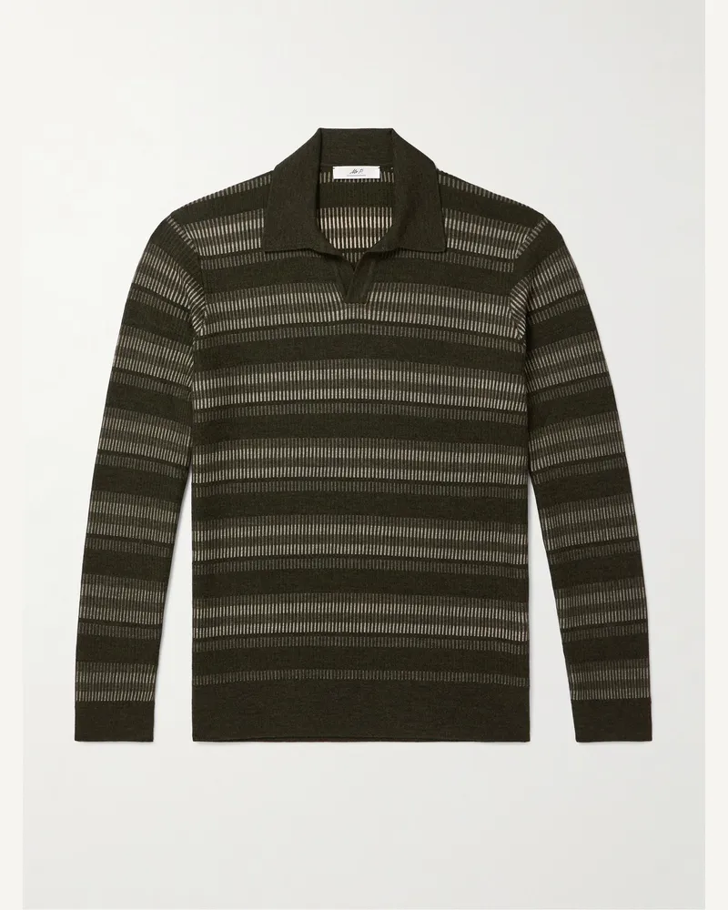MR P. Gestreifter Pullover aus Merinowolle in Rippstrick mit Polokragen Grün