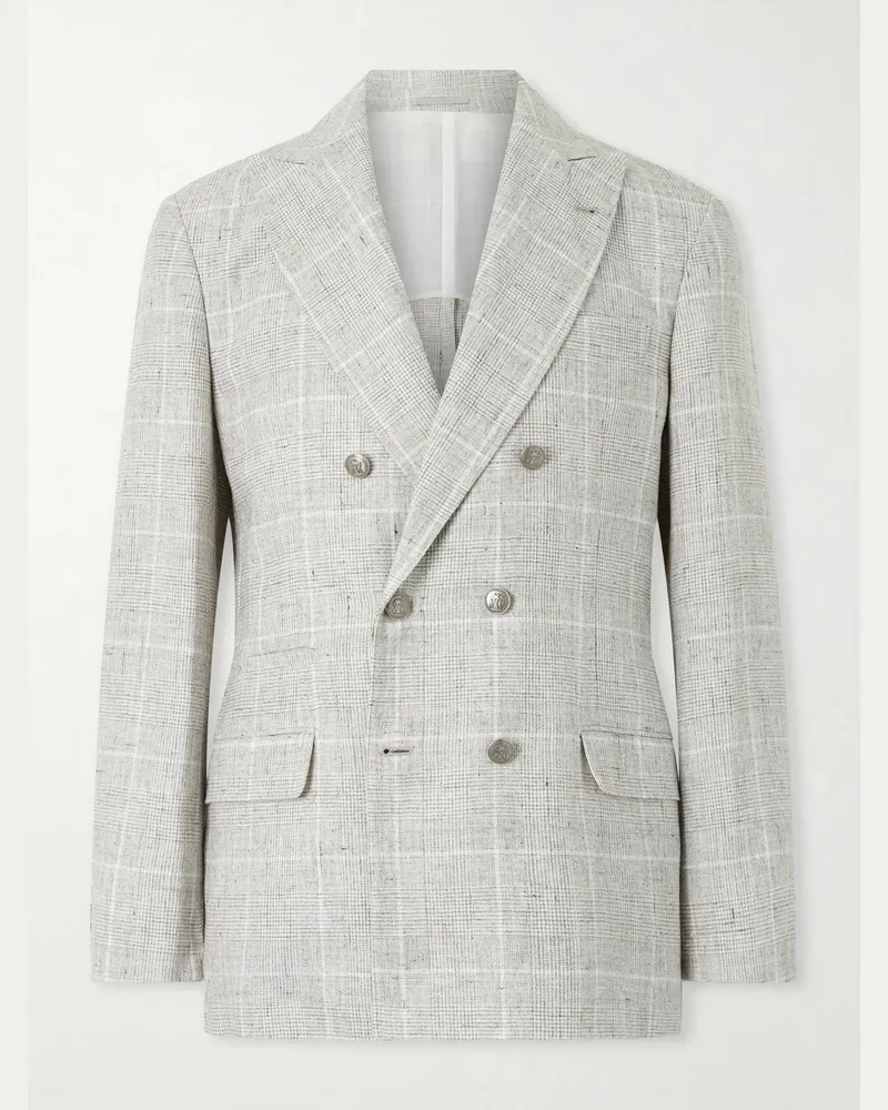 Brunello Cucinelli Double-Breasted Checked Linen-Blend Suit Jacket Neutrals