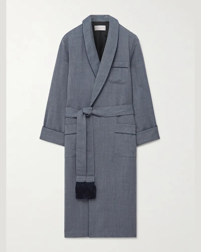 Derek Rose Lincoln 11 Belted Herringbone Wool Robe Blue