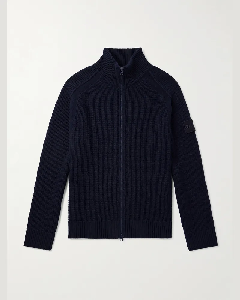Stone Island Ghost Cardigan aus Schurwolle in Waffelstrick mit Reißverschluss Blau