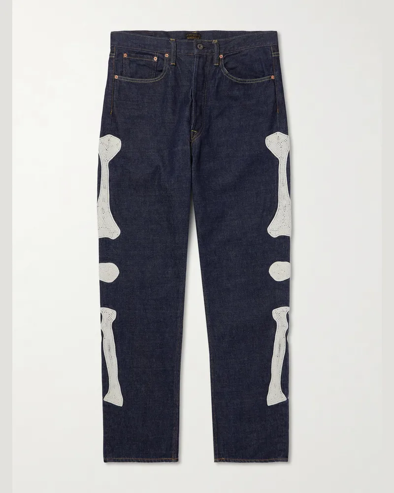 KAPITAL Okagilly Slim-Fit Crochet-Trimmed Jeans Blue