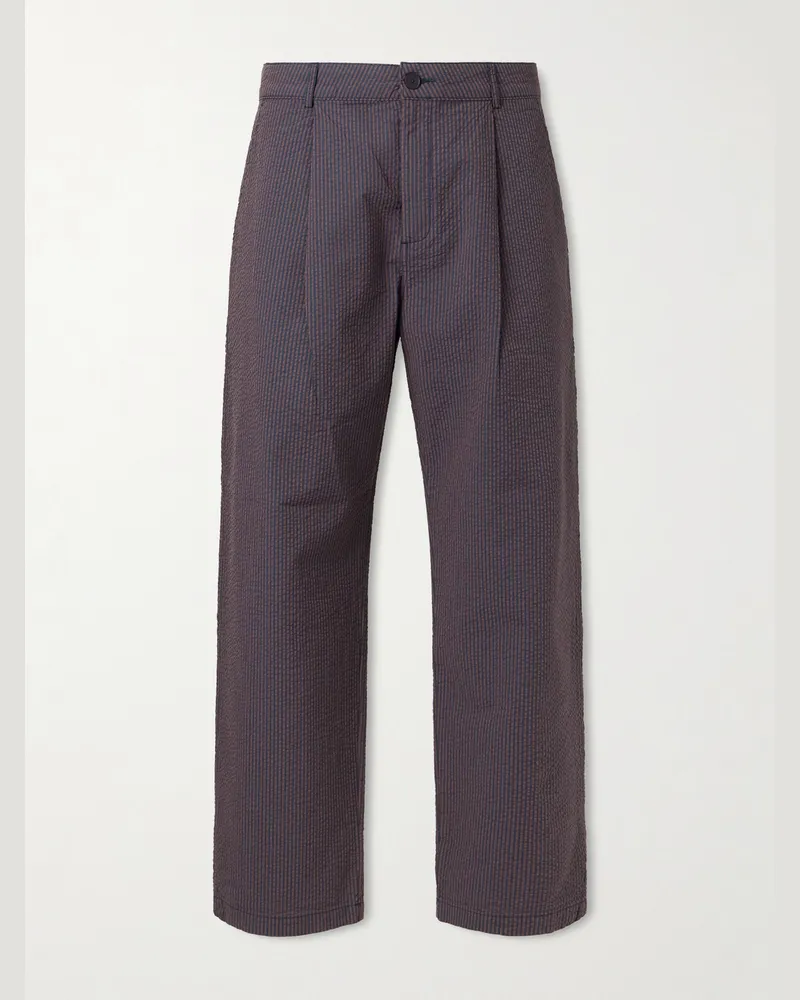 Folk Cropped Wide-Leg Striped Cotton-Seersucker Trousers Blue