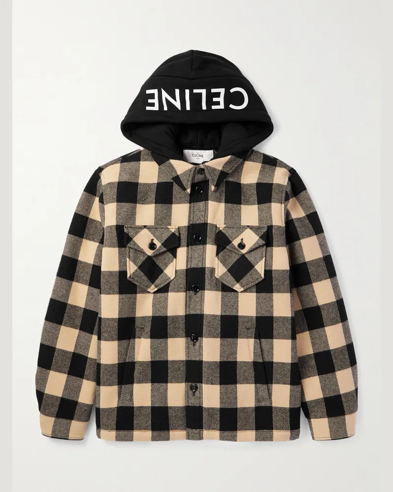 Celine Wattierte Hemdjacke aus karierter Wolle mit Besatz aus Baumwoll-Jersey mit Logoprint Neutral