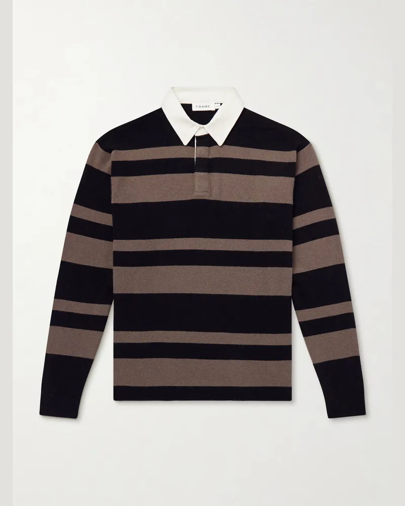 Frame Denim Striped Wool and Cashmere-Blend Polo Shirt Black