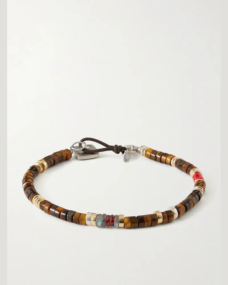 Peyote Bird Sterling Silver, Tiger's Eye and Coral Beaded Bracelet Brown