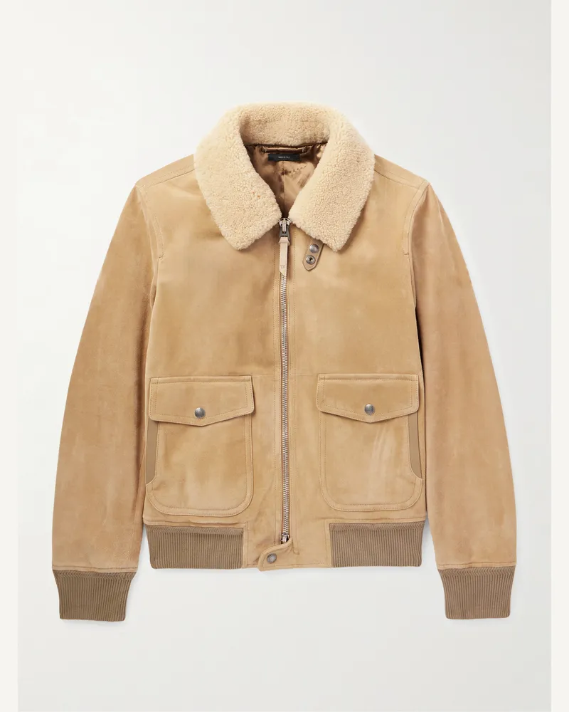 Tom Ford Bomberjacke aus Veloursleder mit Shearling-Besatz Neutral