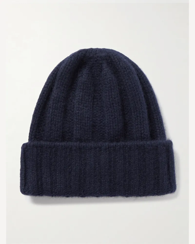 Beams Plus Beanie aus Kaschmir in Rippstrick Blau