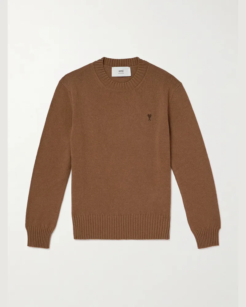 AMI Paris Pullover aus einer Kaschmir-Wollmischung mit Logostickerei Braun
