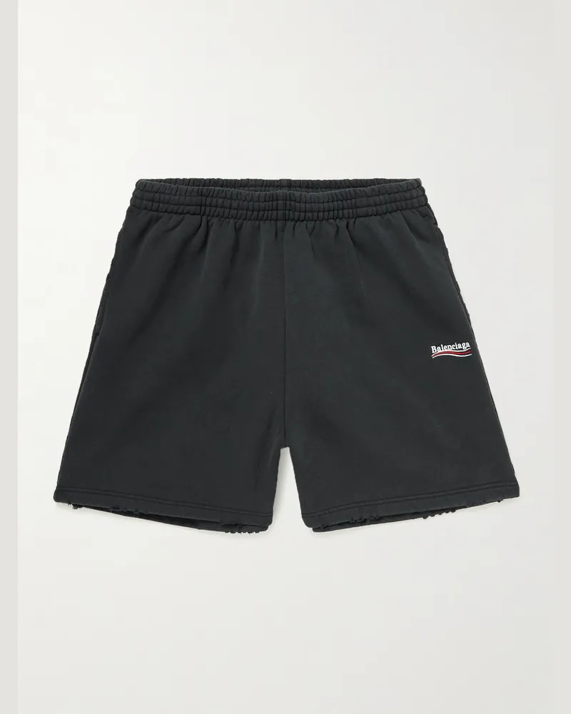 Balenciaga Wide-Leg Logo-Embroidered Distressed Cotton-Jersey Shorts Black