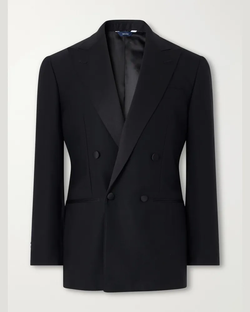 Thom Sweeney Double-Breasted Satin-Trimmed Wool-Fresco Suit Jacket Black