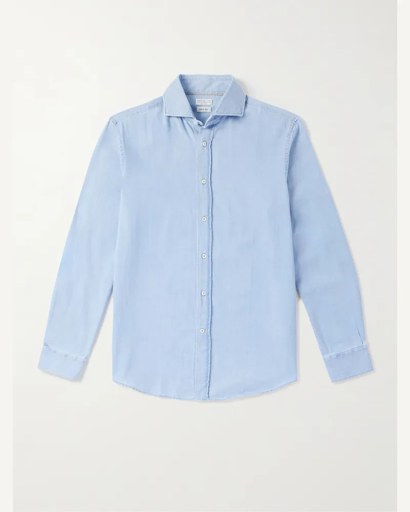Brunello Cucinelli Hemd aus Baumwoll-Chambray mit Cutaway-Kragen Blau