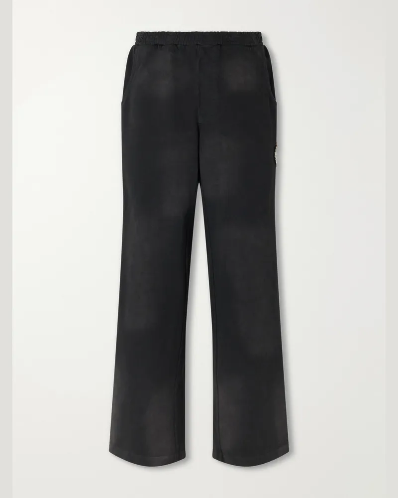 FourTwoFour on Fairfax Straight-Leg Distressed Striped Cotton-Jersey Sweatpants Black