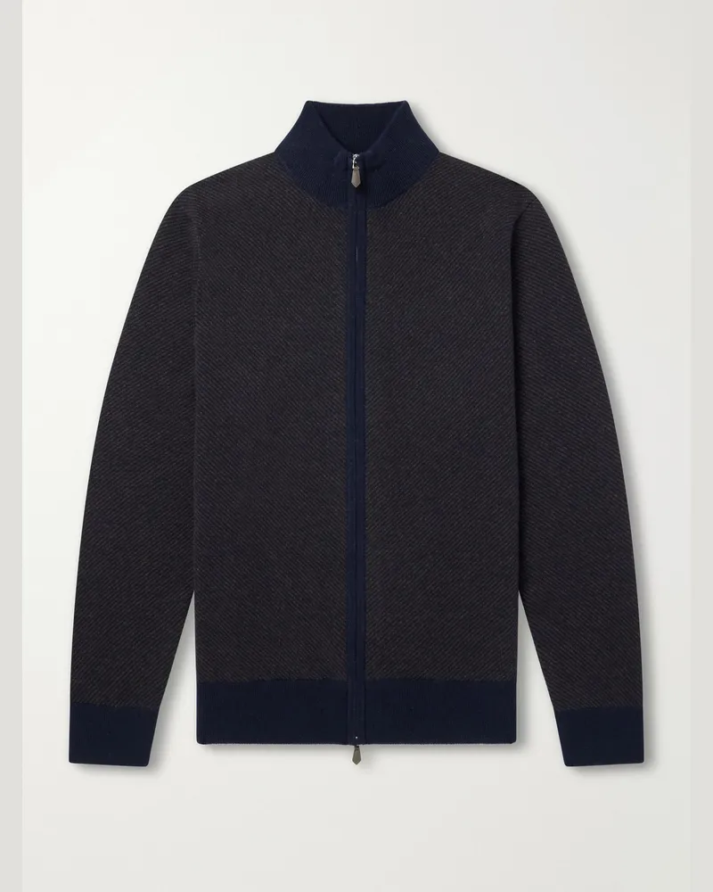 N.Peal Knightsbridge Jacquard Cashmere Zip-Up Cardigan Blue