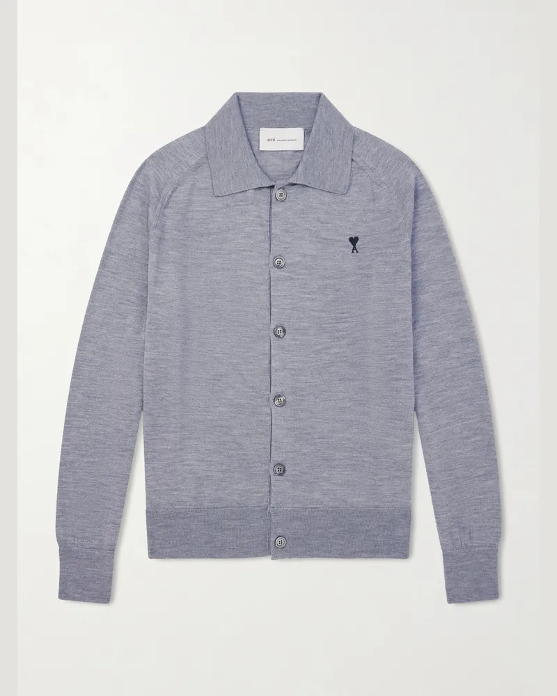 AMI Paris Quota Logo-Embroidered Merino Wool Cardigan Blue