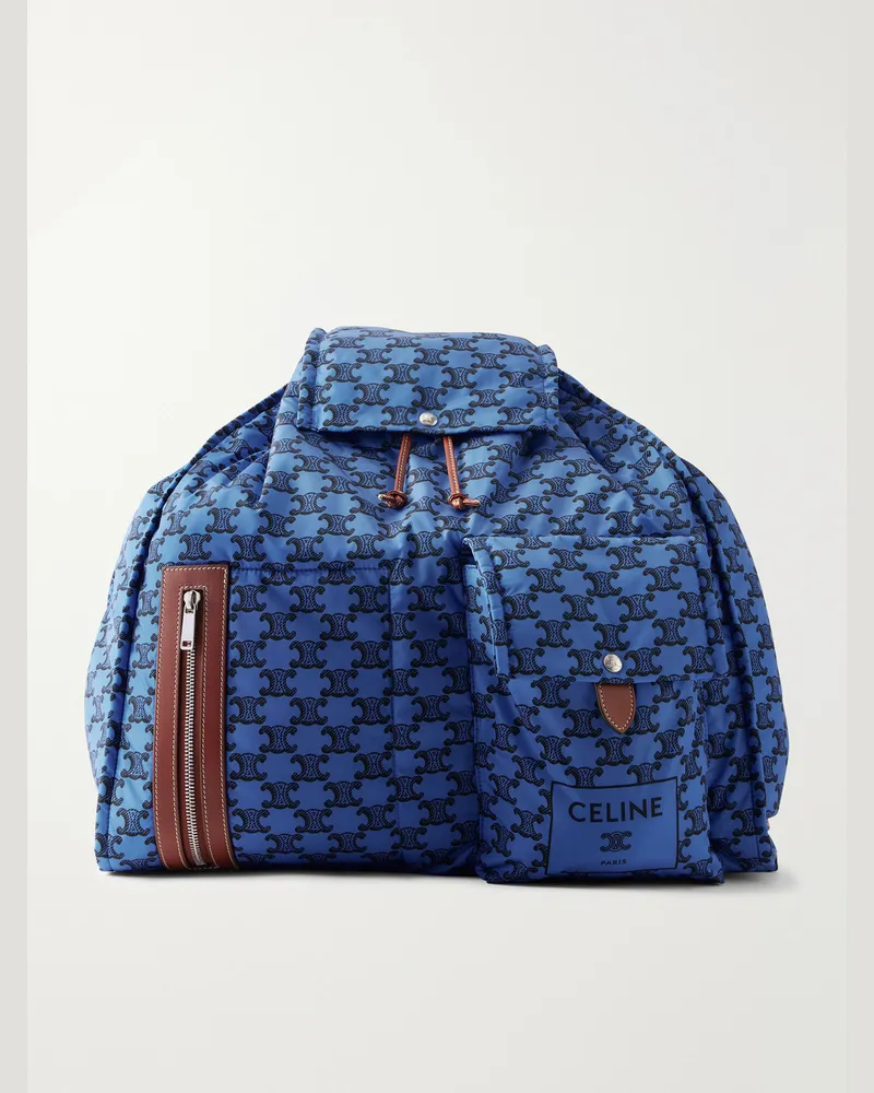 Celine Triomphe-Print Leather-Trimmed Shell Backpack Blue