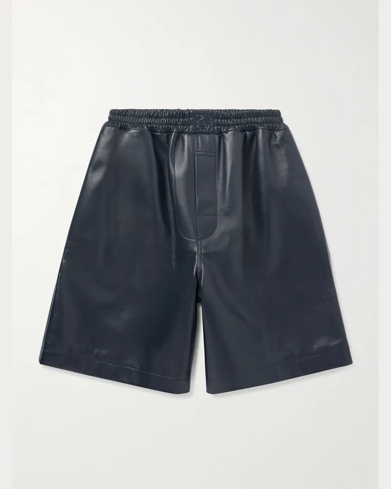 Loewe Wide-Leg Logo-Embossed Leather Shorts Blue