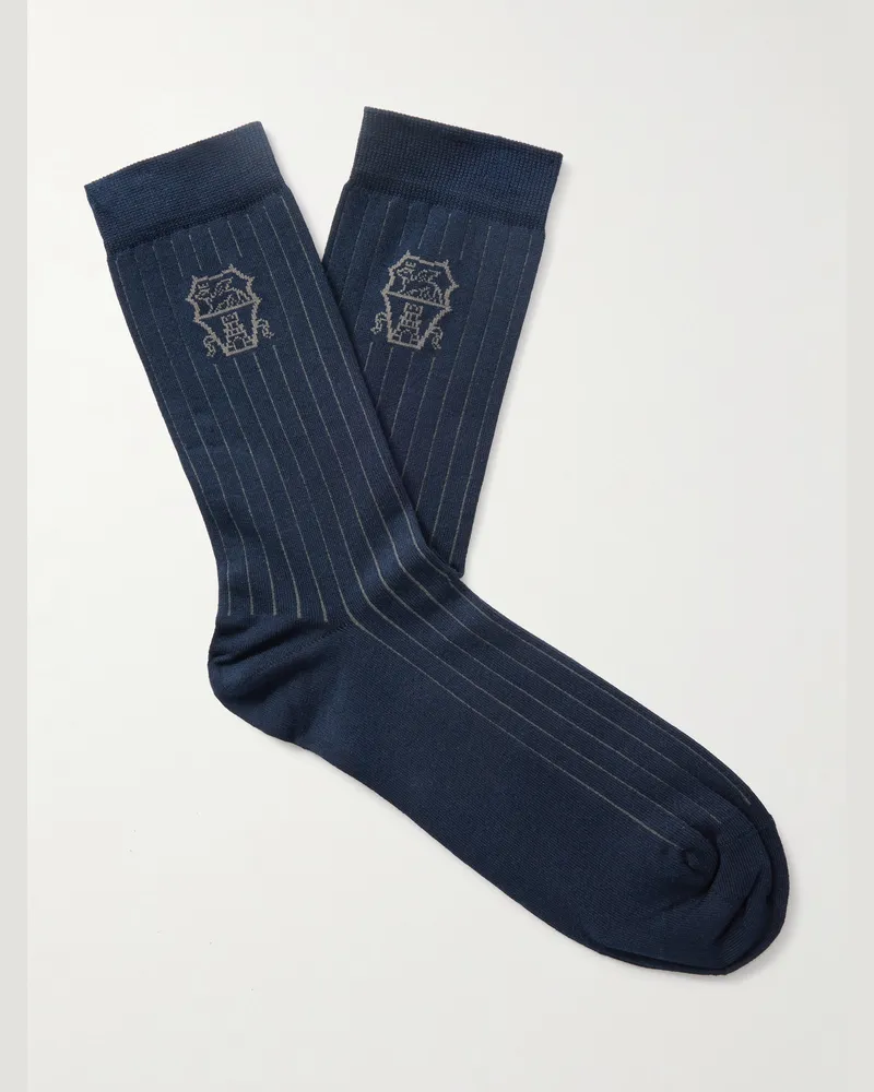 Brunello Cucinelli Logo-Jacquard Cotton Socks Blue