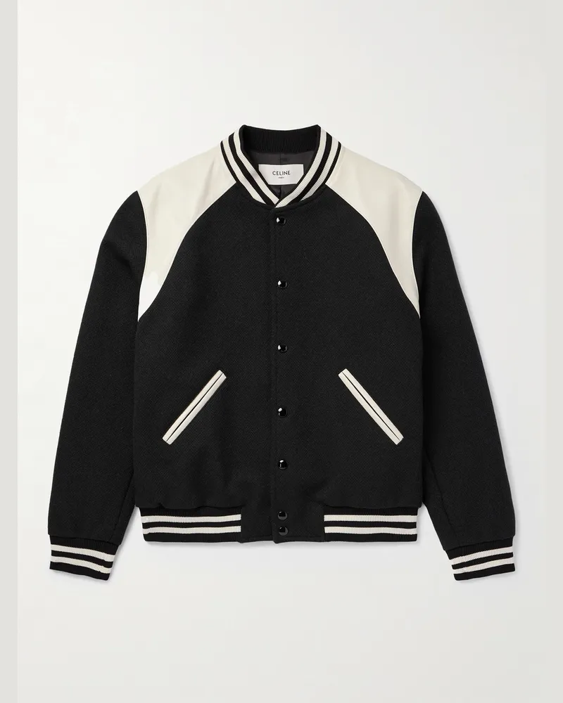 Celine Teddy Collegejacke aus einer Schurwollmischung mit Lederbesatz und Streifen in Colour-Block-Optik Schwarz