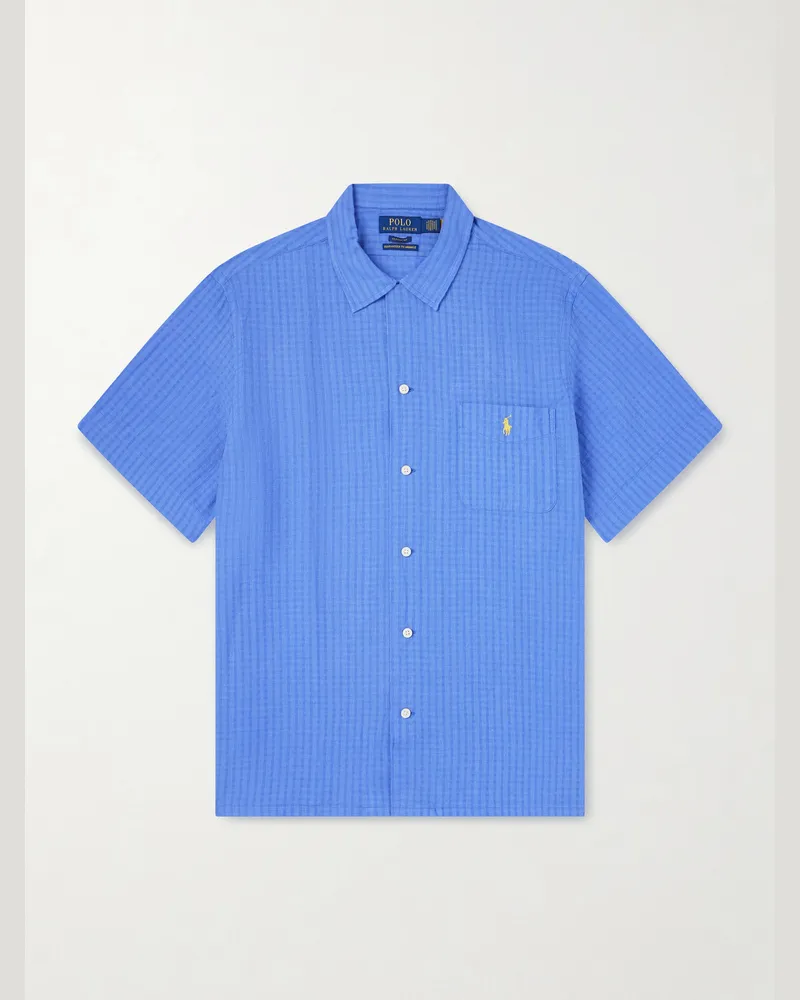 Ralph Lauren Logo-Embroidered Checked Linen and Cotton-Blend Shirt Blue