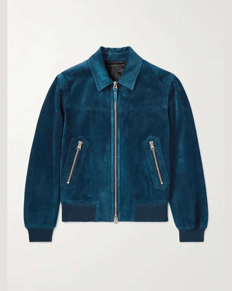 Tom Ford Schmal geschnittene Bomberjacke aus Veloursleder Blau