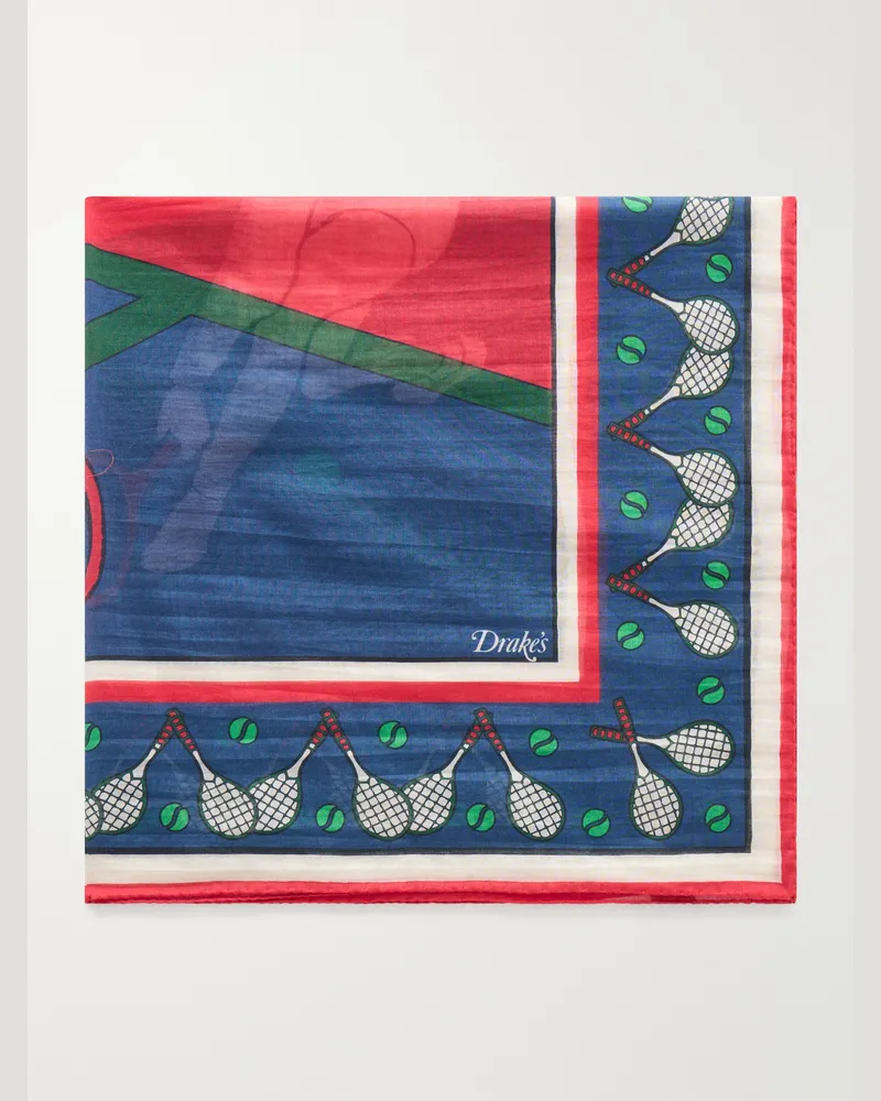 Drake's Printed Cotton and Silk-Blend Scarf Blue