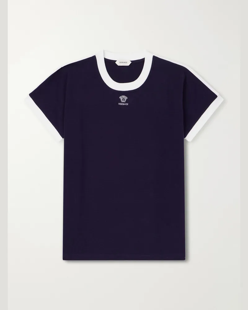 Versace Medusa-Embroidered Cotton-Blend Jersey T-Shirt Blue