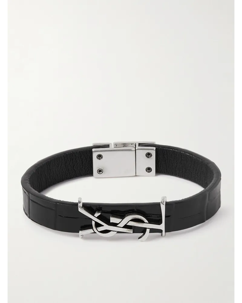 Saint Laurent Cassandre Armband aus Leder mit Krokodileffekt und silberfarbenen Details Schwarz