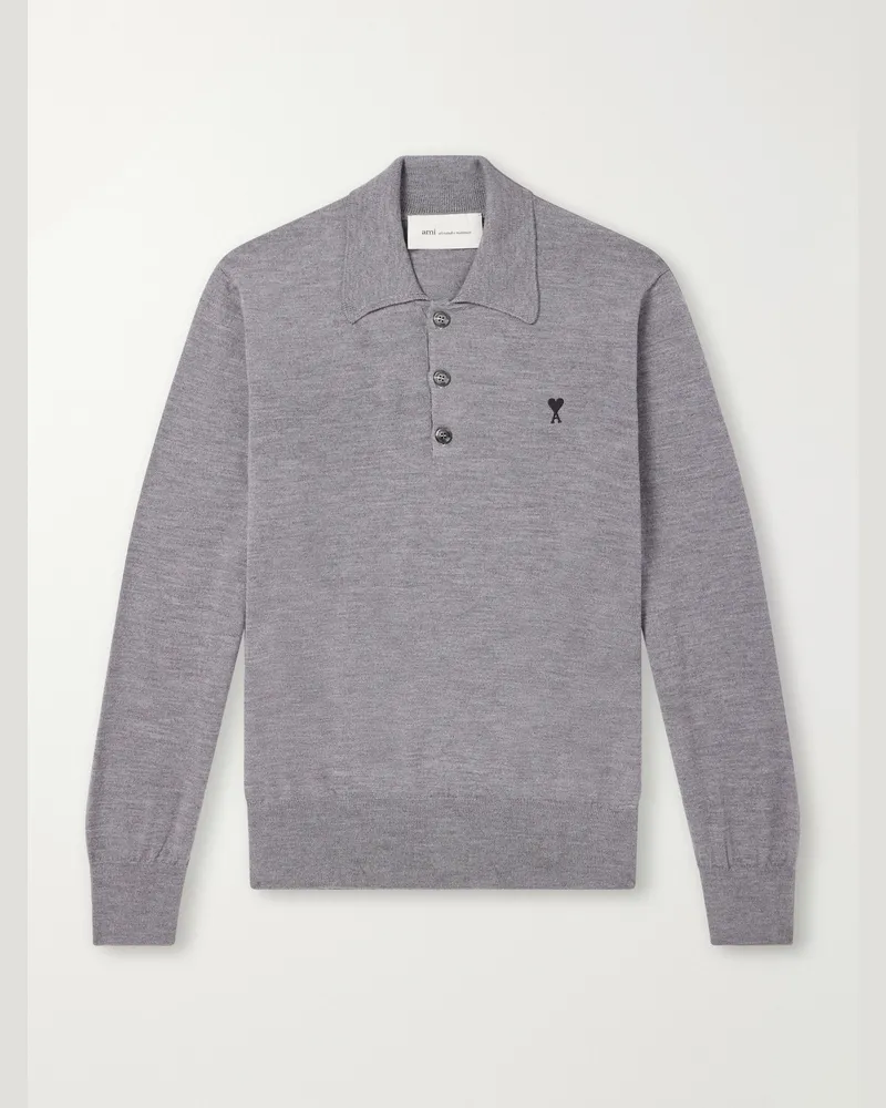 AMI Paris Logo-Embroidered Merino Wool Polo Shirt Gray