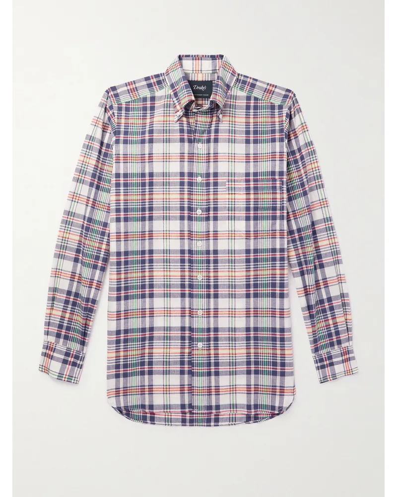 Drake's Hemd aus kariertem Baumwoll-Madras mit Button-Down-Kragen Blau