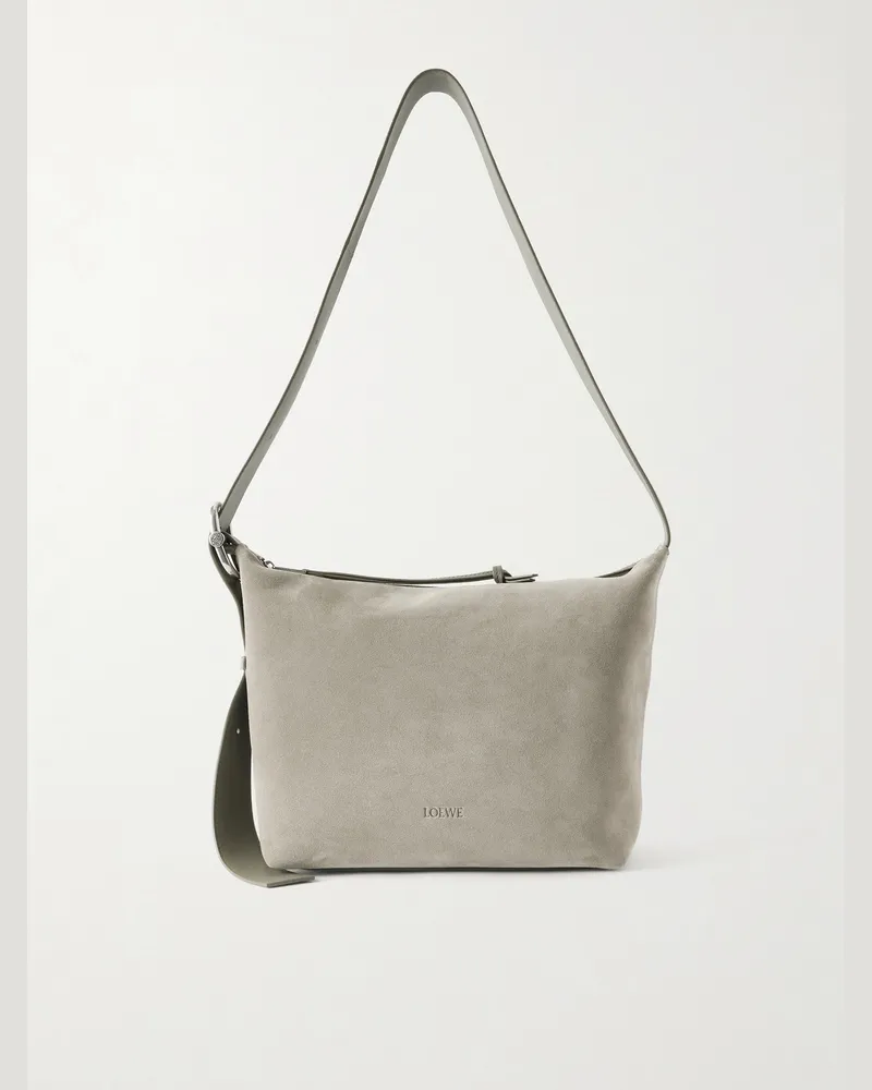 Loewe Loop Medium Logo-Debossed Suede Messenger Bag Gray