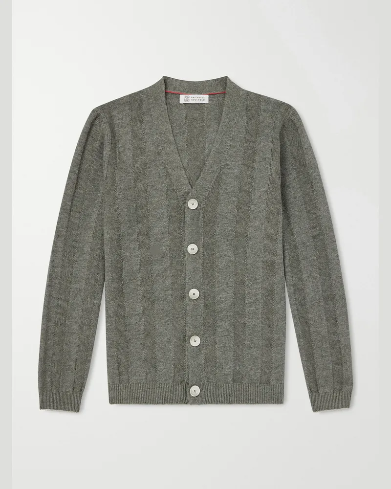 Brunello Cucinelli Striped Knitted Linen and Cotton-Blend Cardigan Green