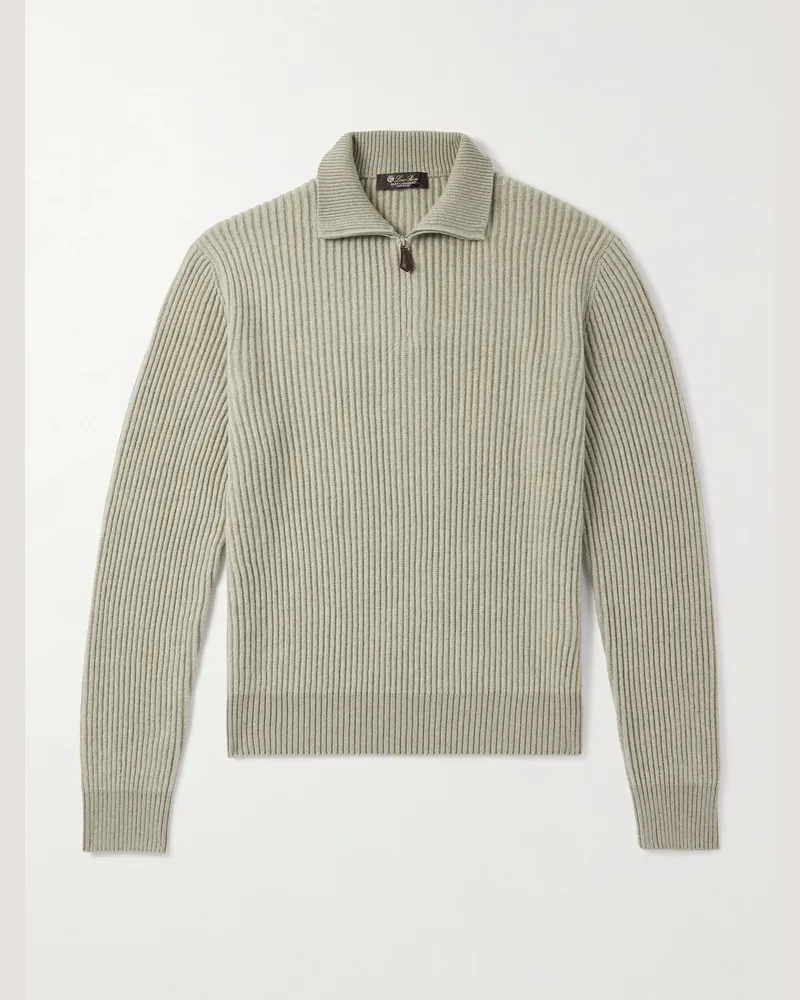 Loro Piana Plane Tree Ribbed Cashmere Half-Zip Sweater Green