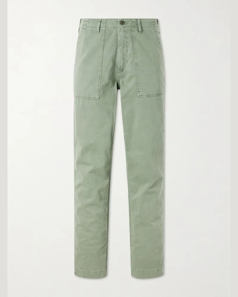 Hartford Fatigue Straight-Leg Herringbone Cotton Trousers Green