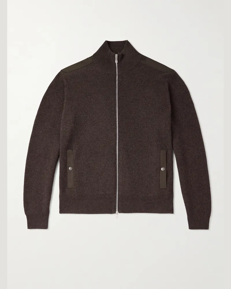 Brunello Cucinelli Cardigan aus Kaschmir in Rippstrick mit Reißverschluss und Baumwoll-Twill-Besatz Braun
