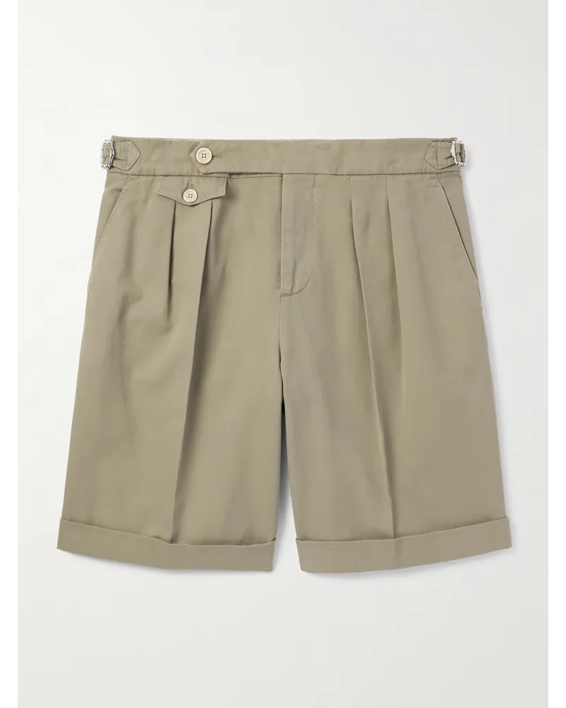 Brunello Cucinelli Gerade geschnittene Shorts aus Baumwoll-Twill mit Falten in Stückfärbung GrüN