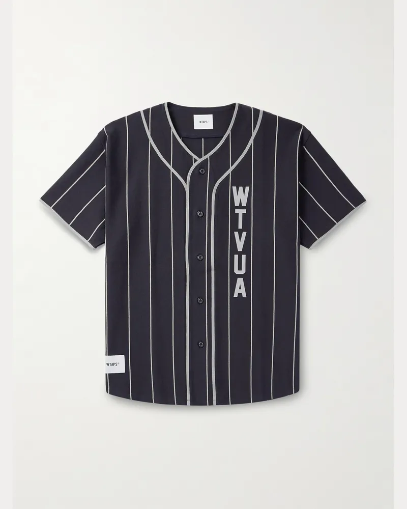 WTAPS League Logo-Print Pinstriped Cotton Shirt Blue