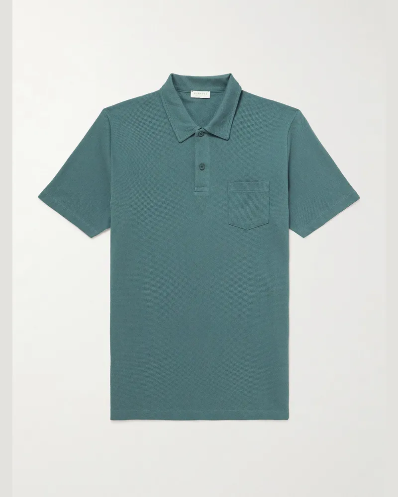 Sunspel Riviera schmal geschnittenes Polohemd aus Baumwoll-Mesh Blau