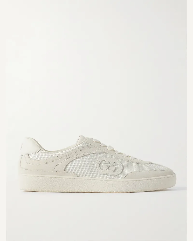 Gucci Leather-Trimmed Suede and Mesh Sneakers Neutrals