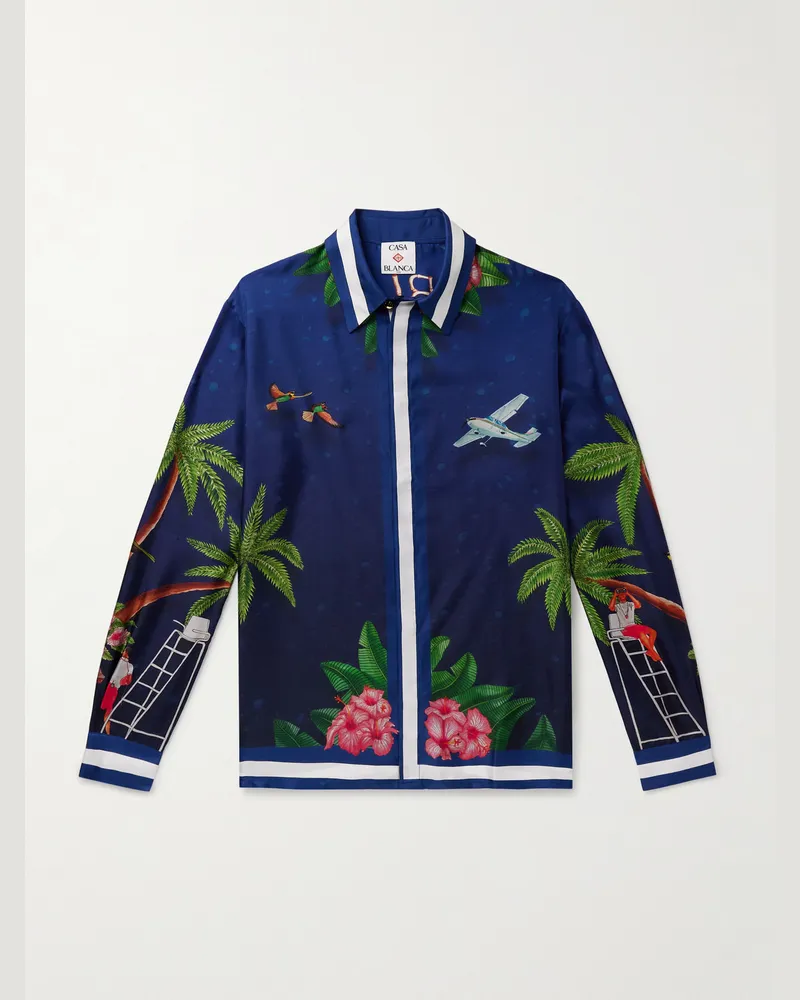 Casablanca Paris Surf Club Hemd aus bedrucktem Seiden-Twill Blau